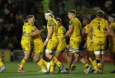 010126 - Dragons RFC v Scarlets - United Rugby Championship - George Roberts of Dragons celebrates scoring a try with Angus O'Brien