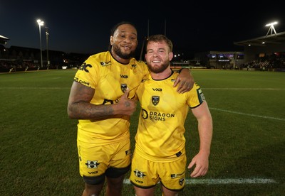 010126 - Dragons RFC v Scarlets - United Rugby Championship - Levi Douglas and George Roberts of Dragons at full time