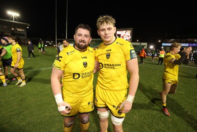 010126 - Dragons RFC v Scarlets - United Rugby Championship - Wyn Jones and Ryan Woodman of Dragons at full time