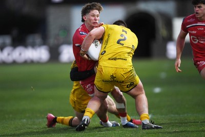 010126 - Dragons RFC v Scarlets - United Rugby Championship - Ellis Mee of Scarlets is challenged by Ollie Burrows of Dragons