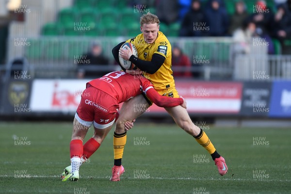 010126 - Dragons RFC v Scarlets - United Rugby Championship - David Richards of Dragons is challenged by Joe Roberts of Scarlets