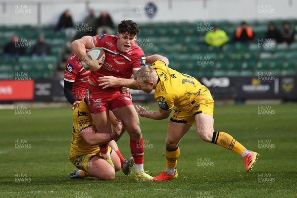 010126 - Dragons RFC v Scarlets - United Rugby Championship - Eddie James of Scarlets is challenged by Tinus De Beer of Dragons