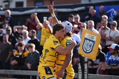 031026 - Dragons RFC v Scarlets - United Rugby Championship - Anzelo Tuitavuki of Dragons celebrates scoring a try