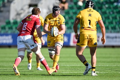 031026 - Dragons RFC v Scarlets - United Rugby Championship - Seb Davies of Dragons is challenged by Osian Williams of Scarlets