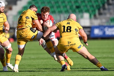 031026 - Dragons RFC v Scarlets - United Rugby Championship - Osian Williams of Scarlets is challenged by Dillon Lewis of Dragons