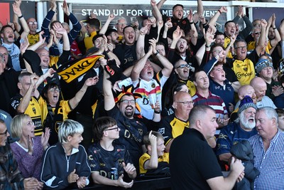031026 - Dragons RFC v Scarlets - United Rugby Championship - Dragons fans celebrate the win at full time