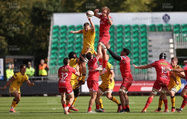 130925 - Dragons RFC v Scarlets - Pre Season Friendly - Taine Plumtree of Scarlets wins the line out