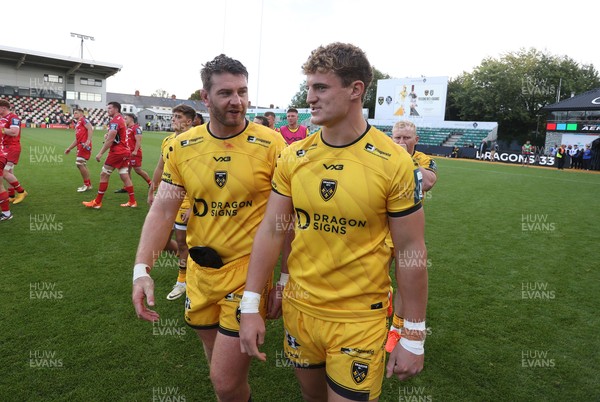 130925 - Dragons RFC v Scarlets - Pre Season Friendly - Rhodri Jones and Joe Westwood of Dragons at full time