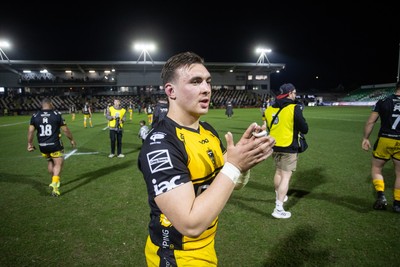 220325 - Dragons RFC v Ulster - United Rugby Championship - Taine Basham of Dragons thanks fans at full time