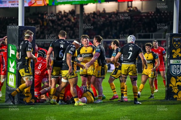 220325 - Dragons RFC v Ulster - United Rugby Championship - Elliot Dee of Dragons RFC celebrates a defensive stand