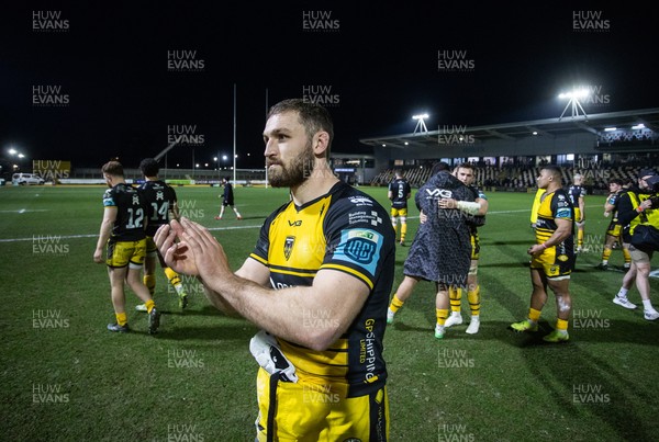 220325 - Dragons RFC v Ulster - United Rugby Championship - Harrison Keddie of Dragons thanks fans at full time