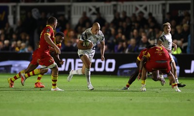 161026 - Dragons RFC v USA Perpignan - European Rugby Challenge Cup - Jared Rosser of Dragons is tackled by Marco Riccioni of Perpignan 