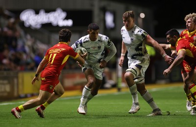 161026 - Dragons RFC v USA Perpignan - European Rugby Challenge Cup - Rio Dyer of Dragons is tackled by Maxim Granell of Perpignan 