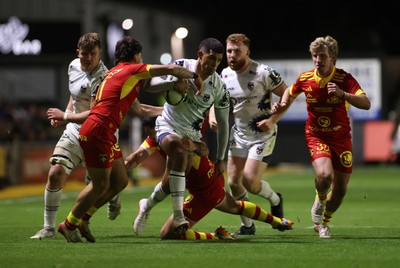 161026 - Dragons RFC v USA Perpignan - European Rugby Challenge Cup - Rio Dyer of Dragons is tackled by Maxim Granell of Perpignan 