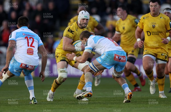170426 - Dragons v Vodacom Bulls - United Rugby Championship - Harrison Keddie of Dragons is tackled by Cameron Hanekom of Bulls 