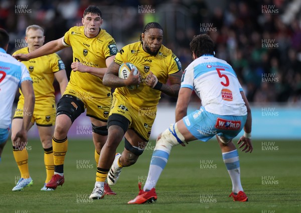 170426 - Dragons v Vodacom Bulls - United Rugby Championship - Levi Douglas of Dragons is tackled by Ruan Nortje of Bulls 