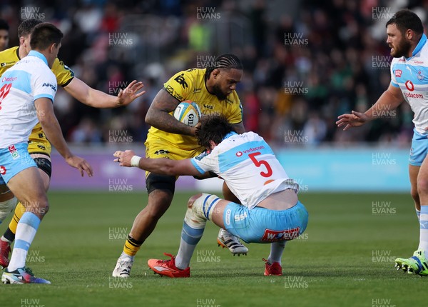 170426 - Dragons v Vodacom Bulls - United Rugby Championship - Levi Douglas of Dragons is tackled by Ruan Nortje of Bulls 