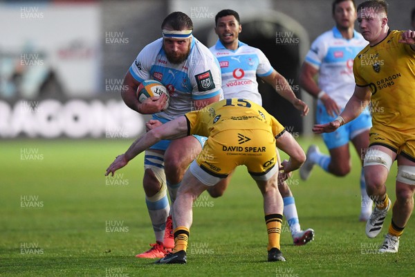 170426 - Dragons RFC v Vodacom Bulls - United Rugby Championship - Gerhard Steenekamp of Bulls is challenged by Cai Evans of Dragons