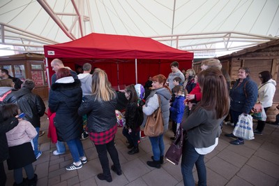 200218 - Dragons players Gavin Henson and Dorian Jones sign items and pose for photographs for fans at Festival Park, Ebbw Vale