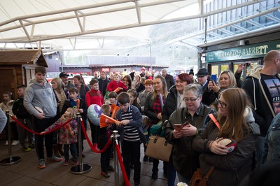 200218 - Dragons players Gavin Henson and Dorian Jones sign items and pose for photographs for fans at Festival Park, Ebbw Vale