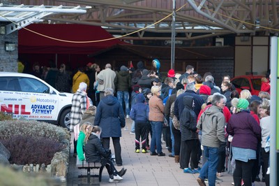 200218 - Crowds wait to meet Dragons players Gavin Henson and Dorian Jones as they sign items and pose for photographs for fans at Festival Park, Ebbw Vale