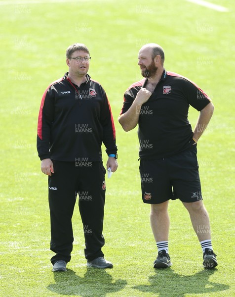 010419 - Dragons Training Session - James Chapron with head coach Ceri Jones during training session ahead of travelling to South Africa