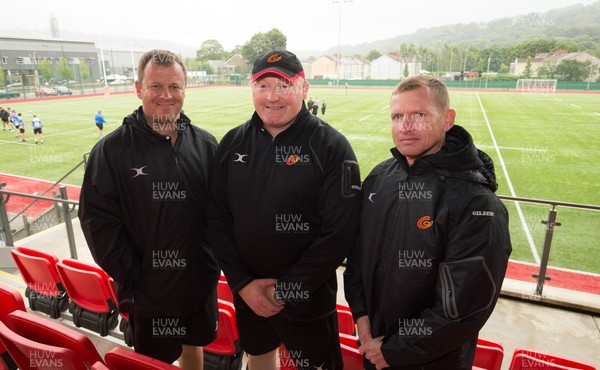 030817 - Dragons Training Session - Dragons coach Bernard Jackman, centre, with New Dragons defence coach Hendre Marnitz, left and skills coach Barry Maddocks