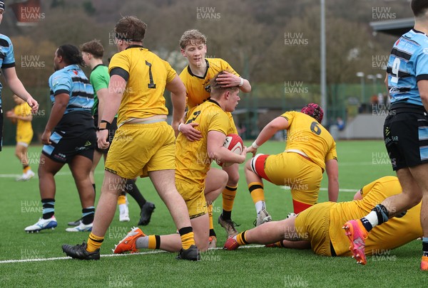 080226 - Dragons U18s v Cardiff U18s - Regional Age Grade - Tiaan Hall of Dragons celebrates scoring a try