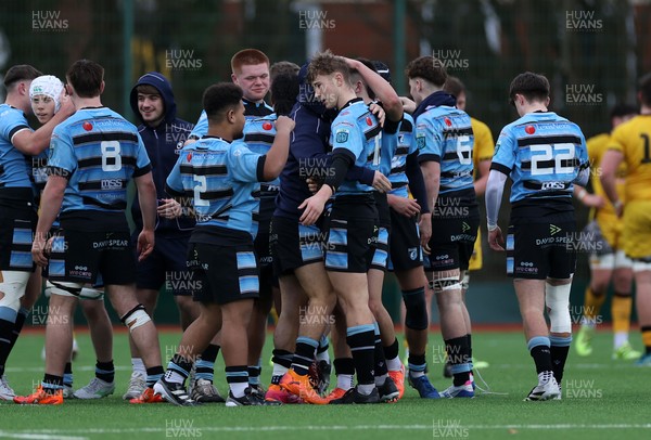 080226 - Dragons U18s v Cardiff U18s - Regional Age Grade - Finn Britton of Cardiff celebrates kicking the match winning penalty with team mates