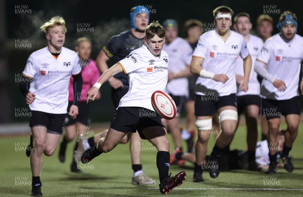 141222 - Dragons Under 18s v Ospreys Under 18s, WRU Regional Age Grade Championship - Brychan Wood of Ospreys kicks clear