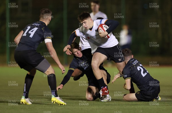 141222 - Dragons Under 18s v Ospreys Under 18s, WRU Regional Age Grade Championship - Luke Davies of Ospreys looks to split the Dragons defence