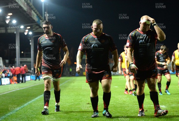 010918 - Dragons v Benetton - Guinness PRO14 - Cory Hill, Lloyd Fairbrother and Brok Harris of Dragons look dejected