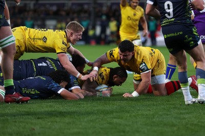 280226 - Dragons RFC v Benetton Rugby - United Rugby Championship - Levi Douglas of Dragons scores a try