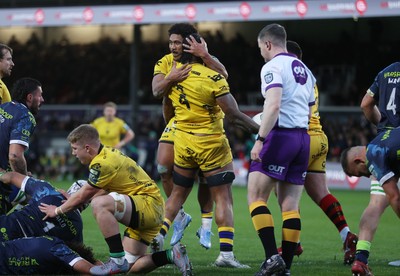 280226 - Dragons RFC v Benetton Rugby - United Rugby Championship - Levi Douglas of Dragons celebrates scoring a try