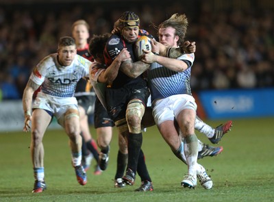 261213 - Newport Gwent Dragons v Cardiff Blues, RaboDirect PRO12 - Dragons Netani Talei is tackled by Blues' Kristian Dacey and Dafydd Hewitt