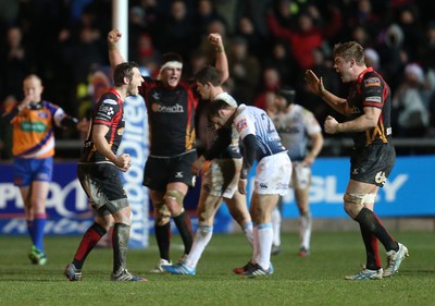 261213 - Newport Gwent Dragons v Cardiff Blues, RaboDirect PRO12 - Dragons Jason Tovey and Dragons Lewis Evans celebrate the win as the whistle blows