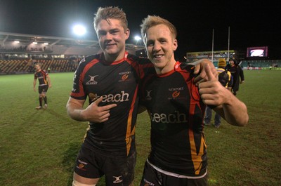 261213 - Newport Gwent Dragons v Cardiff Blues, RaboDirect PRO12 - Dragons Lewis Evans and Dragons Ashley Smith celebrates the win over the Blues