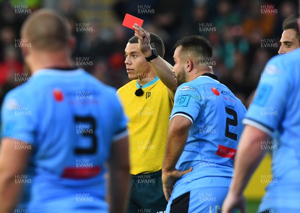 130522 - Dragons v Cardiff - United Rugby Championship - Referee Craig Evans shows Liam Belcher of Cardiff a red card