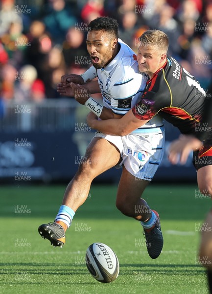 061018 - Dragons v Cardiff Blues, Guinness PRO14 - Willis Halaholo of Cardiff Blues is tackled by Jarryd Sage of Dragons
