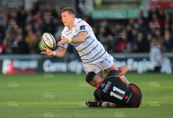 061018 - Dragons v Cardiff Blues, Guinness PRO14 - Jason Harries of Cardiff Blues is tackled by Jared Rosser of Dragons