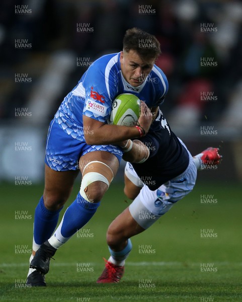 070918 - Dragons A v Cardiff Blues A - Celtic Cup - Connor Edwards of Dragons is tackled by Steve Shingler of Cardiff Blues