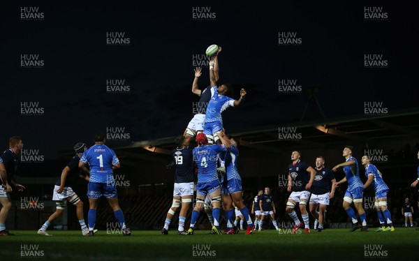 070918 - Dragons A v Cardiff Blues A - Celtic Cup - James Down of Cardiff Blues and Max Williams of Dragons compete for the ball in the line out