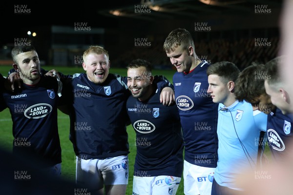 070918 - Dragons A v Cardiff Blues A - Celtic Cup - Kieron Assiratti and Liam Belcher of Cardiff Blues share a joke in the huddle at full time