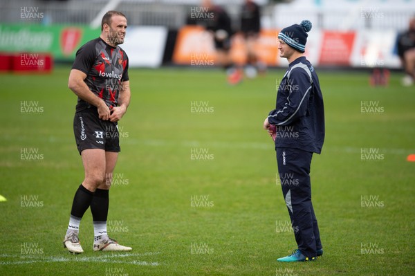 261220 - Dragons v Cardiff Blues - Guinness PRO14 - Jamie Roberts of Dragons and Hallam Amos of Cardiff Blues catch up prior to the game
