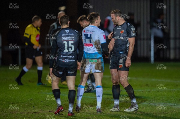 261220 - Dragons v Cardiff Blues - Guinness PRO14 - Josh Adams of Cardiff Blues and Jamie Roberts of Dragons shake hands at the final whistle