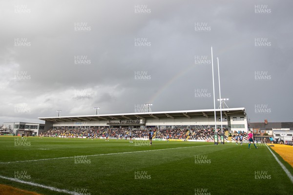 291023 - Dragons RFC v Cardiff Rugby - United Rugby Championship - A rainbow over stormy skies at Rodney Parade