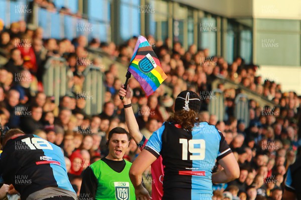291023 - Dragons RFC v Cardiff Rugby - United Rugby Championship - Rainbow progress flag held by assistant referee as part of URC's Unity Round this weekend