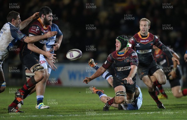 150116 - Newport Gwent Dragons v Castres, European Challenge Cup - Nic Cudd of Newport Gwent Dragons looks for support as he's tackled