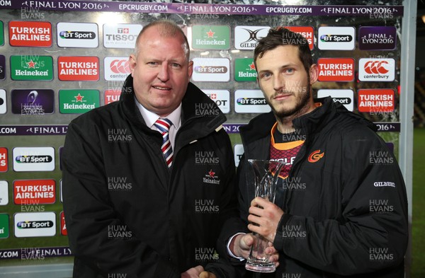 150116 - Newport Gwent Dragons v Castres, European Challenge Cup - Jason Tovey of Newport Gwent Dragons receives the Man of the Match Award