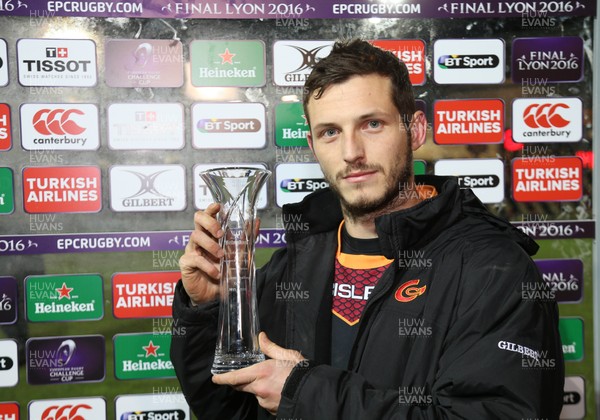 150116 - Newport Gwent Dragons v Castres, European Challenge Cup - Jason Tovey of Newport Gwent Dragons receives the Man of the Match Award